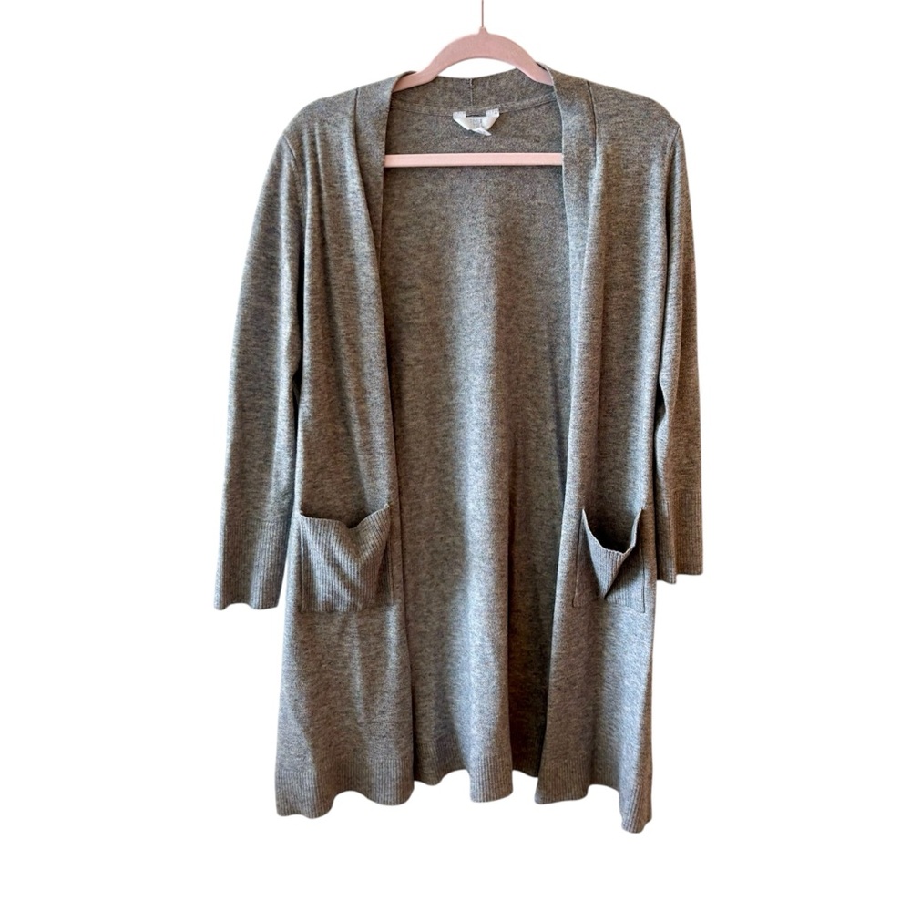Cardigan Sweater Gray Open Front Long Pockets Layering L